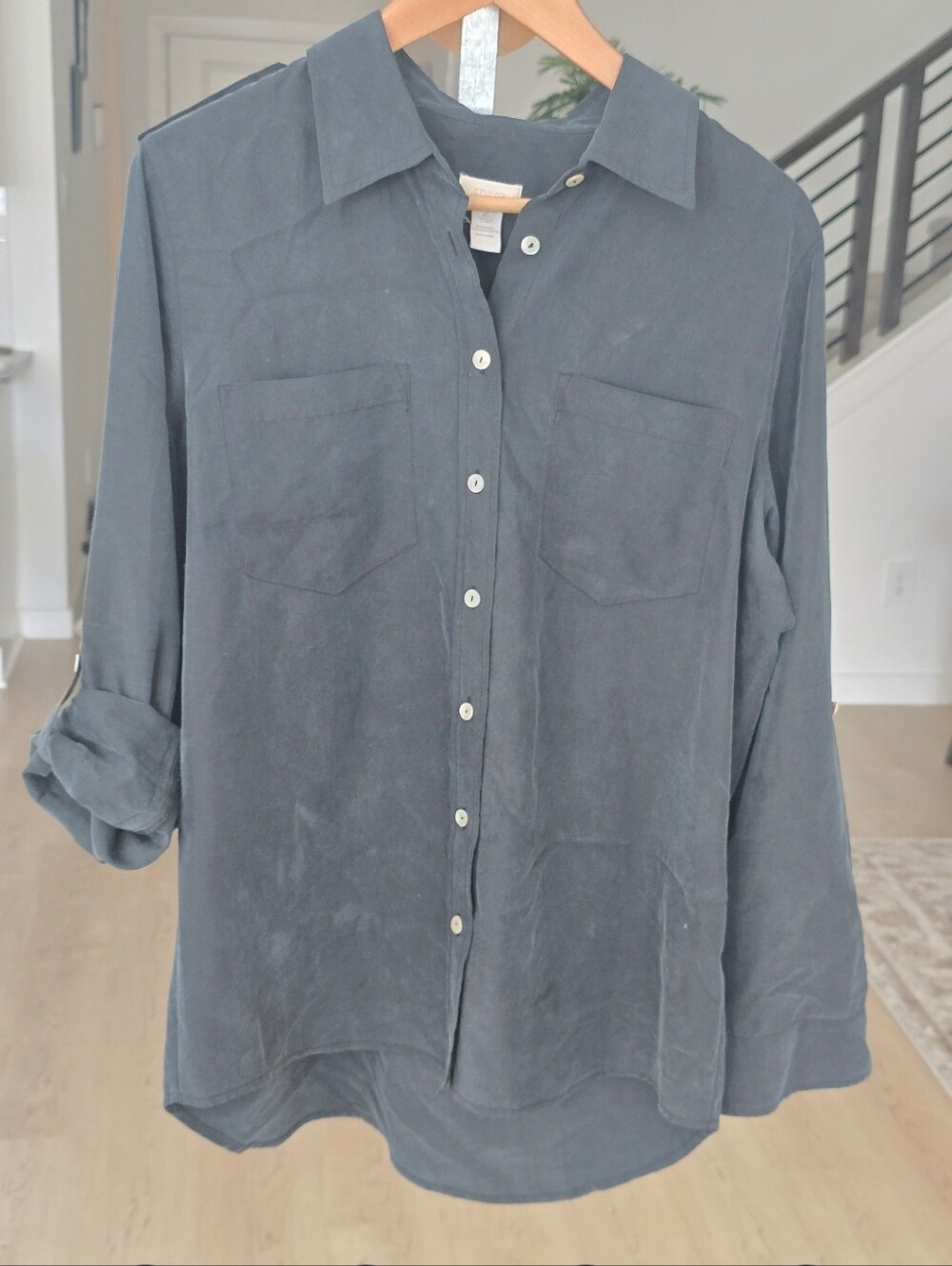 Chico's Black Roll Tab Button Front Military Blouse Shirt Tunic Size 2 Large